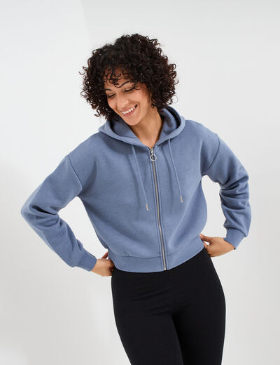 Sweat zippé à capuche court bleu gris femme