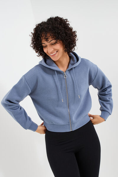 Sweat zipp&eacute; &agrave; capuche court bleu gris femme