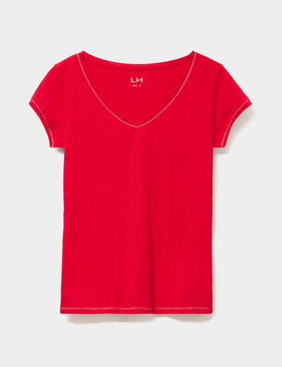 T-shirt col V ajust&eacute; manches courtes rouge femme