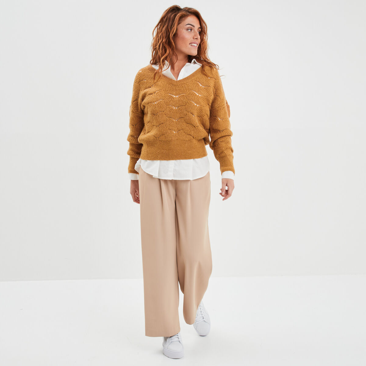 Pantalon city wide leg à pinces sable femme