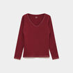 T-shirt manches longues col en V coton bordeaux femme
