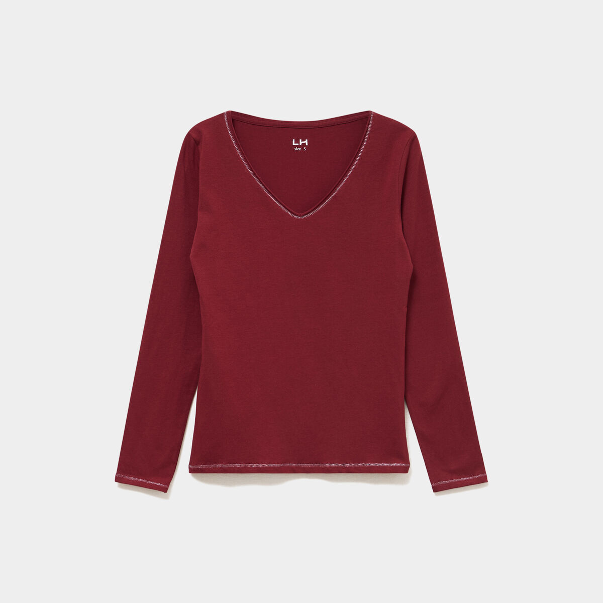 T-shirt manches longues col en V coton bordeaux femme