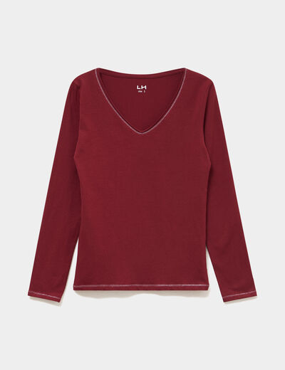 T-shirt manches longues col en V coton bordeaux femme