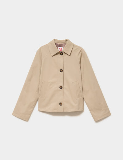Trench court boutonn&eacute; manches longues beige femme