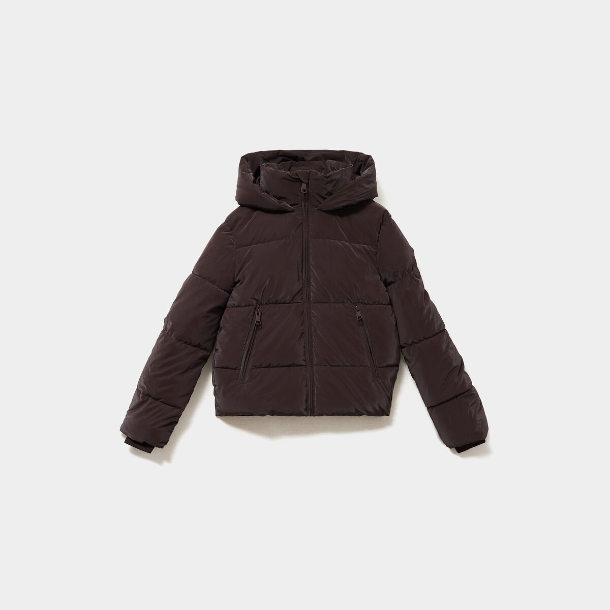 Doudoune courte imperm&eacute;able &agrave; capuche marron fonc&eacute; femme