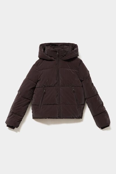 Doudoune courte imperm&eacute;able &agrave; capuche marron fonc&eacute; femme