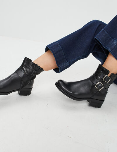 Bottines en cuir semelle crant&eacute;e noir femme