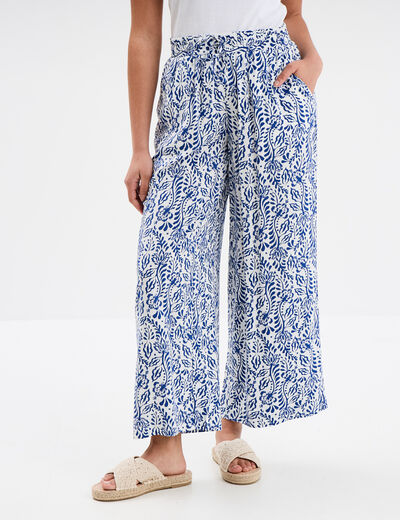 Pantalon fluide large taille élastiquée bleu marine femme