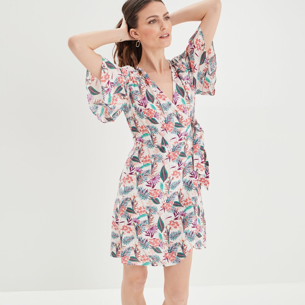 Robe courte portefeuille ecru femme