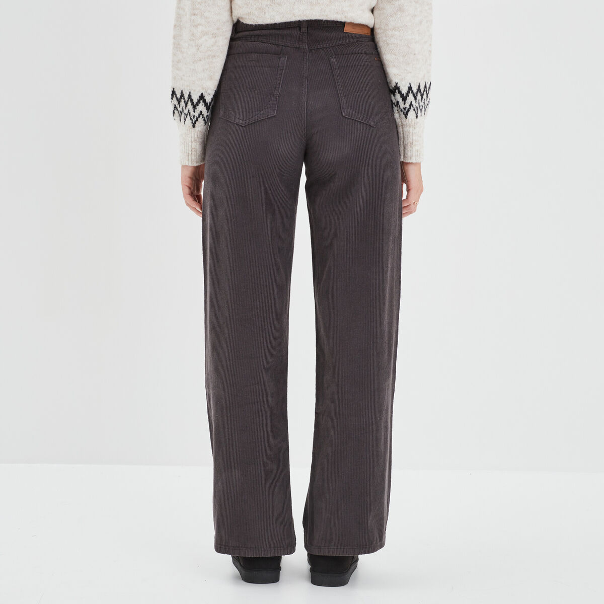 Pantalon velours taille haute large gris foncé femme