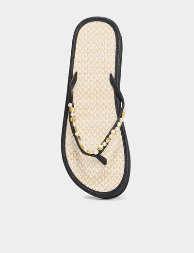 Tongs compensées détails bijoux noir femme