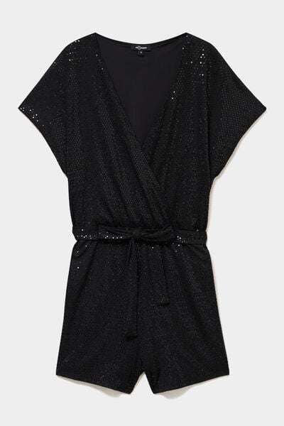 Combishort &agrave; paillettes manches courtes noir femme