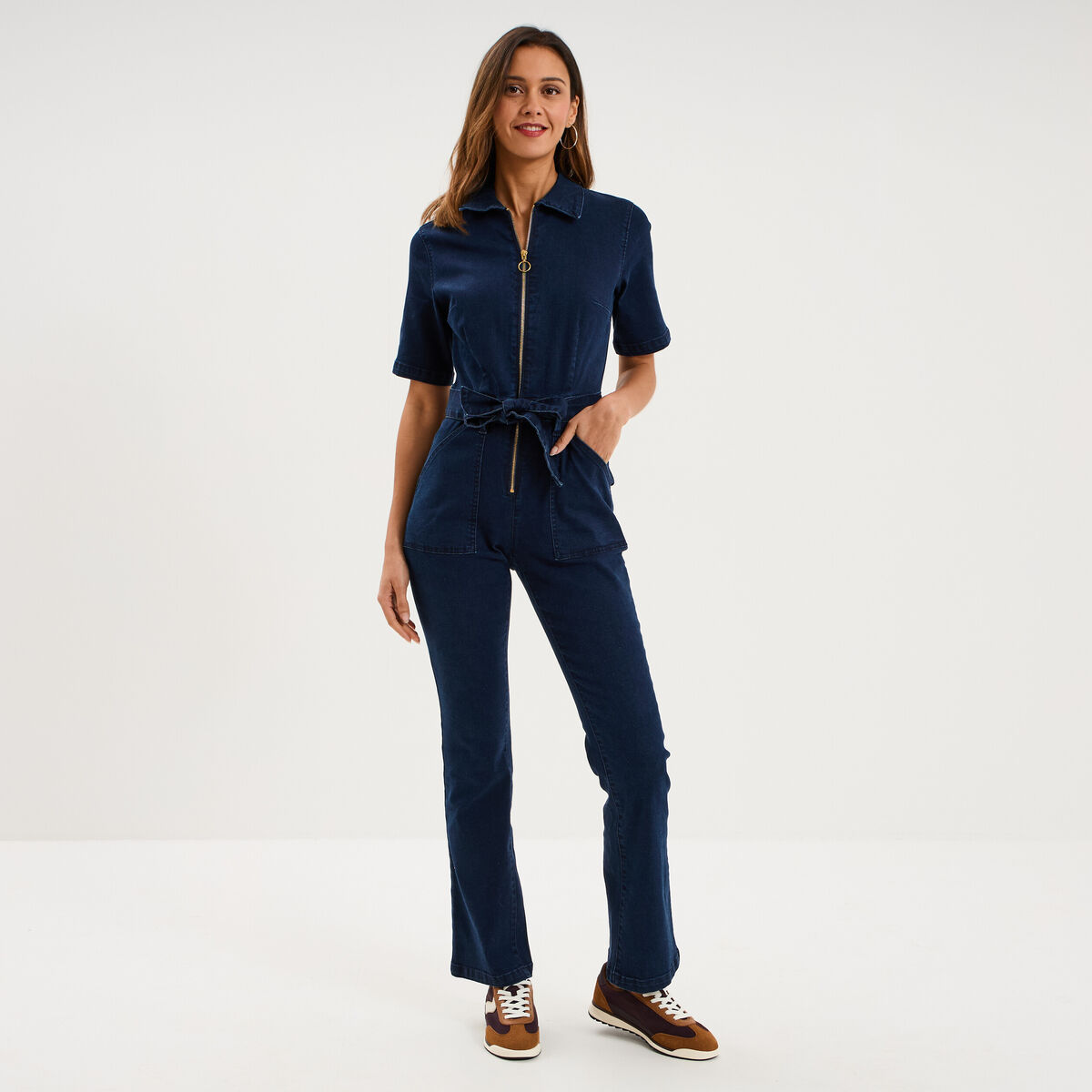 Combinaison pantalon en jean zipp&eacute;e denim brut femme