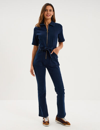 Combinaison pantalon en jean zipp&eacute;e denim brut femme