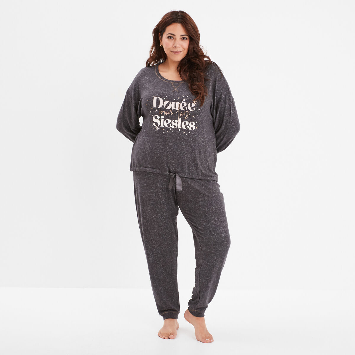 Ensemble pyjama manches longues 2 pièces gris foncé femme grande taille