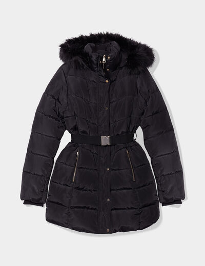 Doudoune ceinturée mi-longue à capuche noir femme