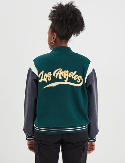 Veste teddy manches simili cuir Creeks vert émeraude femme