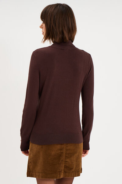 Pull col roul&eacute; avec boutons poignets marron fonc&eacute; femme