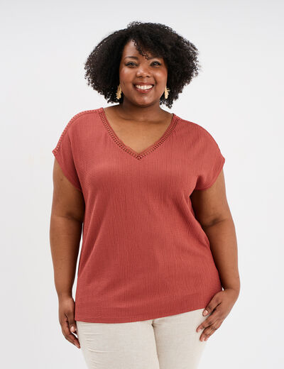 T-shirt bandes dentelle col en V vieux rose femme grande taille