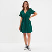 Robe évasée taille élastiquée col en V vert foncé femme