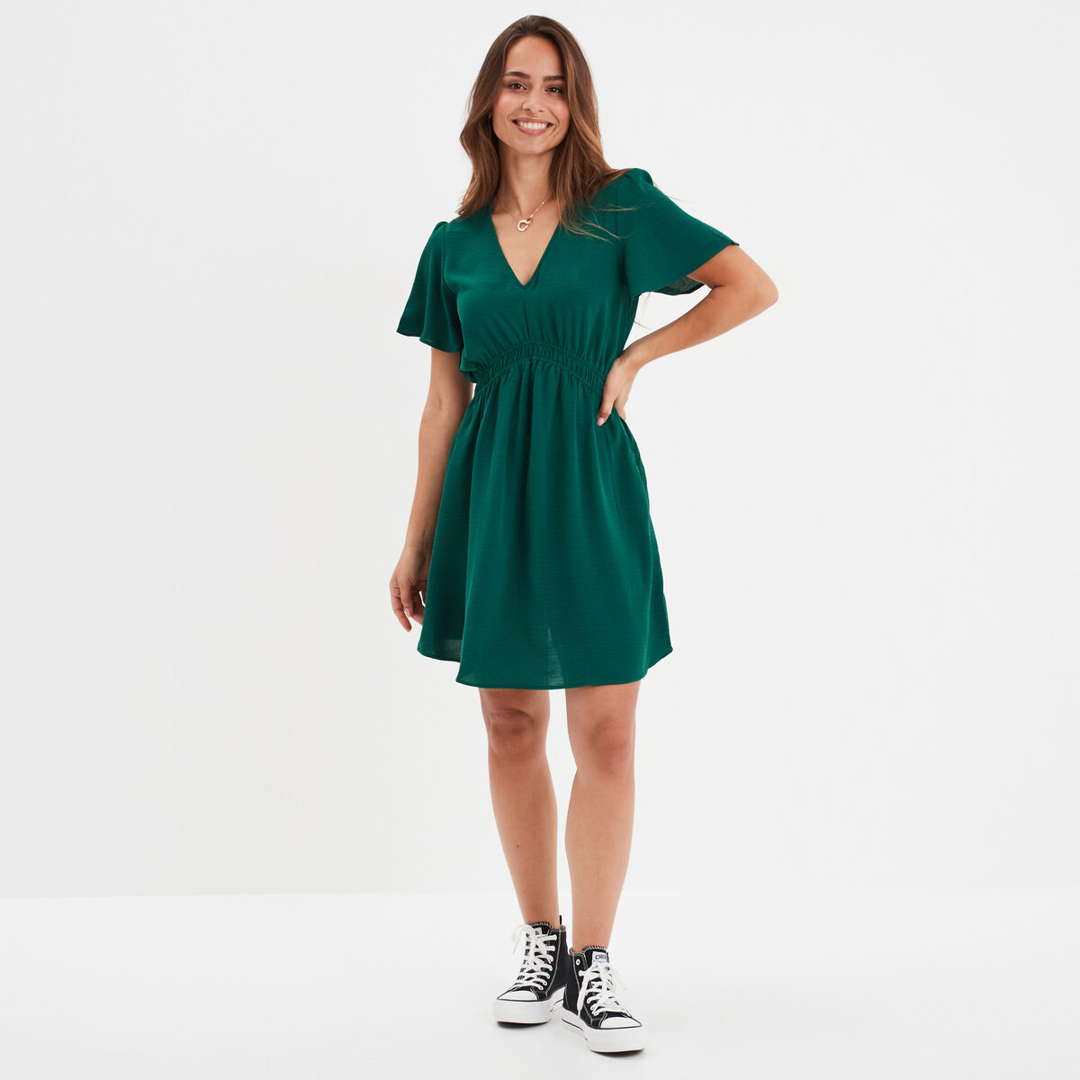 Robe évasée taille élastiquée col en V vert foncé femme