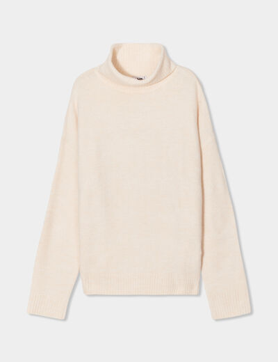 Pull col roulé droit manches longues creme femme