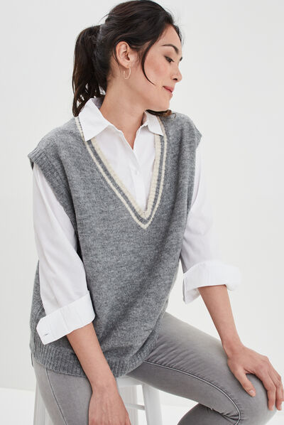 Pull sans manches oversize col en V gris clair femme
