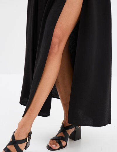 Jupe longue fendue évasée plis creux noir femme