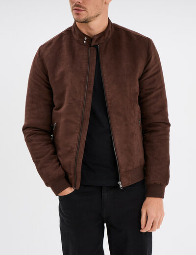 Blouson col motard en su&eacute;dine zipp&eacute; marron fonc&eacute; homme