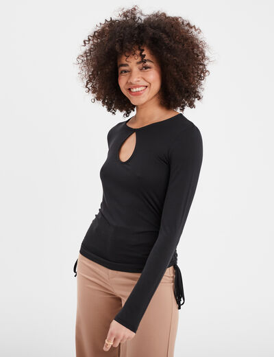 T-shirt ouverture et côtés à coulisse noir femme
