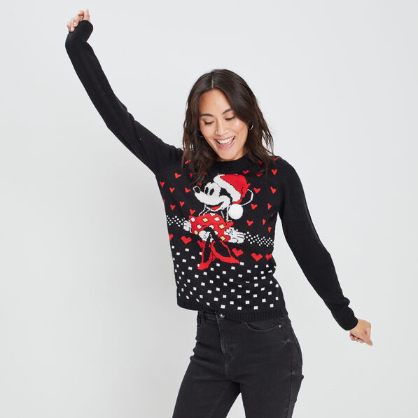 Pull de Noël manches longues Minnie noir femme