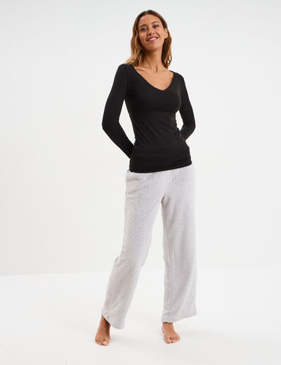 Pantalon effet polaire d&eacute;tails torsades gris clair femme