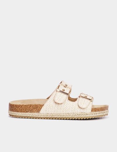 Mules plates tress&eacute;es avec boucles sable femme