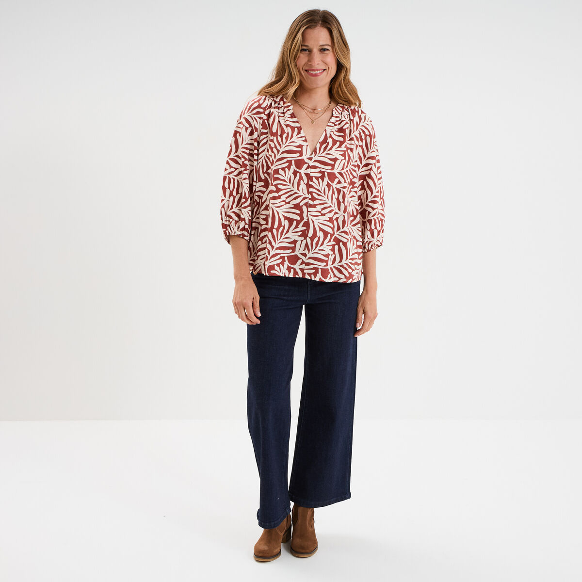 Blouse manches 3/4 ballons col tunisien terracotta femme