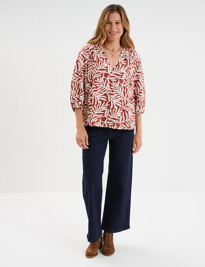 Blouse manches 3/4 ballons col tunisien terracotta femme