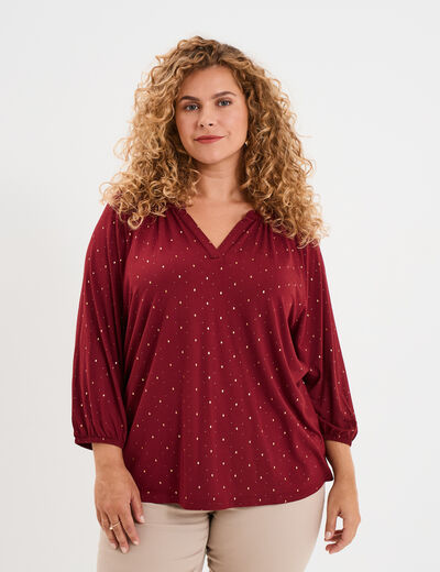 Blouse col en V manches 3/4 bordeaux femme grande taille