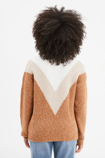 Pull manches longues col rond beige femme