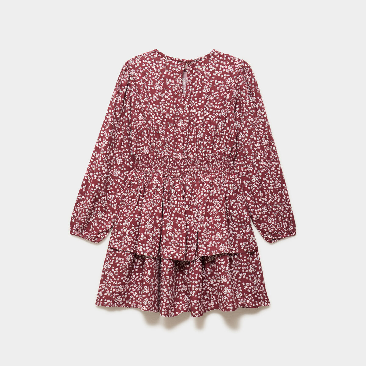 Robe courte patineuse &agrave; volants smock&eacute;e bordeaux fille