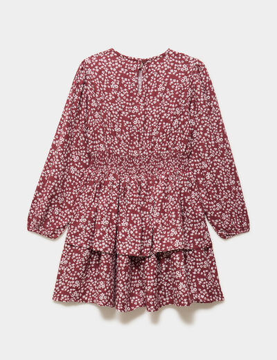 Robe courte patineuse &agrave; volants smock&eacute;e bordeaux fille