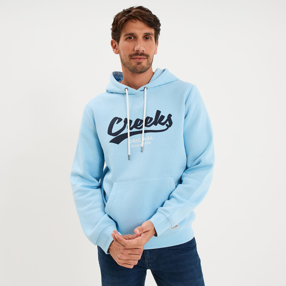 Sweat hoodie 1 poche manches longues bleu clair homme