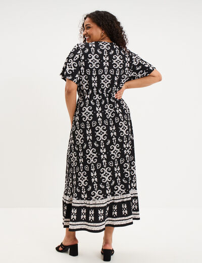 Robe longue gaufr&eacute;e manches courtes noir femme grande taille