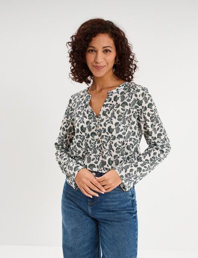 T-shirt col mao manches retroussables ecru femme
