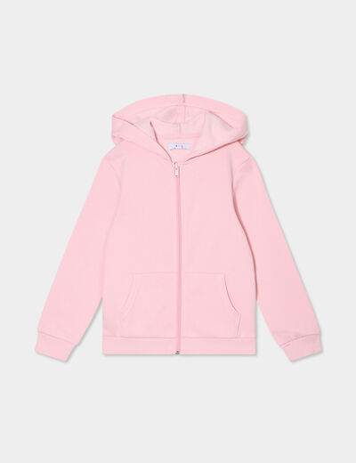 Sweat zipp&eacute; &agrave; capuche droit molleton rose clair fille