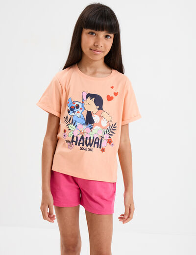 T-shirt manches courtes coton Stitch orange corail fille