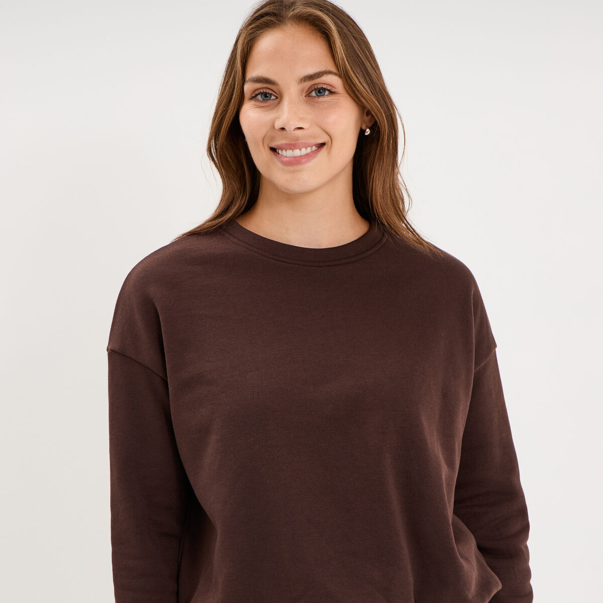 Sweat col rond manches longues marron fonc&eacute; femme