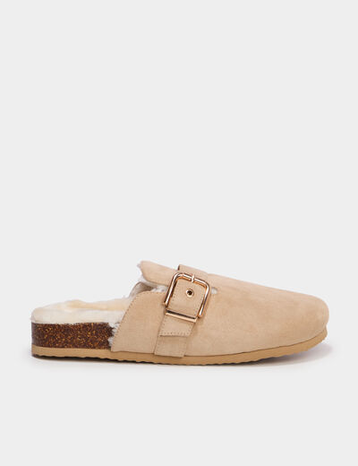 Mules fourr&eacute;es avec boucles sable femme
