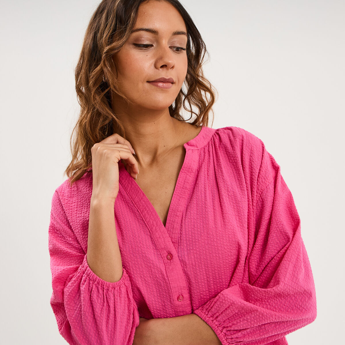 Blouse col tunisien manches 3/4 coton rose fushia femme