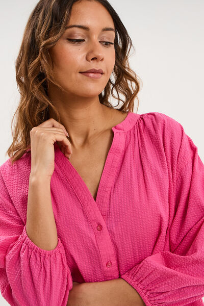 Blouse col tunisien manches 3/4 coton rose fushia femme