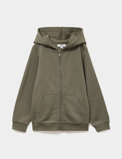 Sweat zipp&eacute; &agrave; capuche en molleton vert kaki gar&ccedil;on