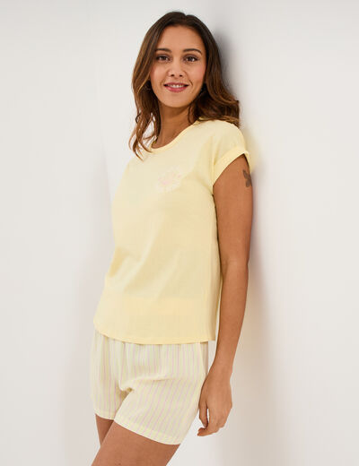 Ensemble pyjama short et t-shirt jaune clair femme